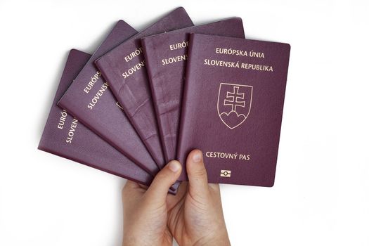Boy holds five Slovak passports in his hands.