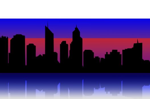 Building silhouettes of a city and flag