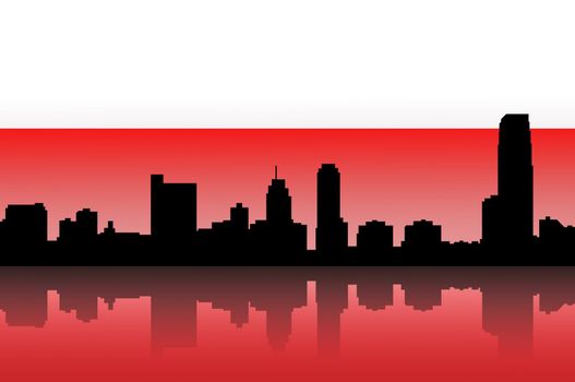 Building silhouettes of a city and flag