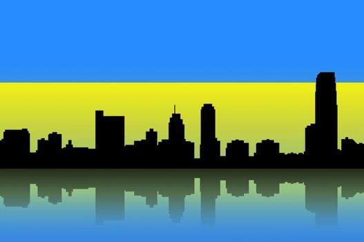 Building silhouettes of a city and flag