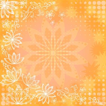 Abstract orange and yellow floral background: flowers silhouettes and white contours