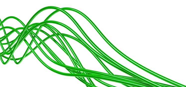 bright metallic fibre-optical green cables on a white background