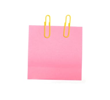 Pale pink sticker on yellow thumbtack. Isolated on white. 