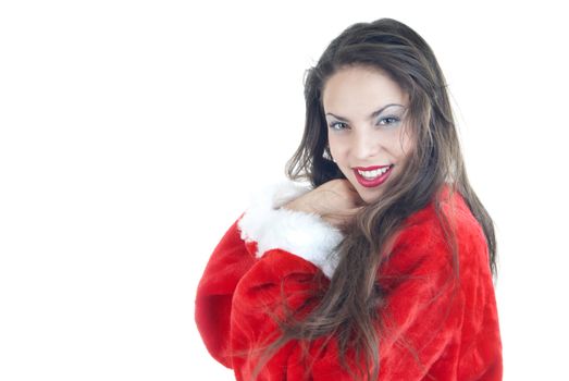 Smiling lady loving Christmas day in the red furry costume on a white background 