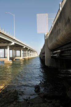 View from under the old and new Rickenbacker Causeway toward Key Biscayne, Florida.