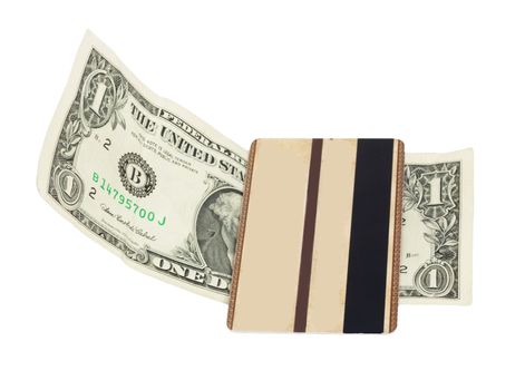 brown plastic card and a dollar