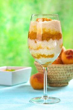 Fresh homemade rice pudding with peach compote served in a high glass (Selective Focus, Focus on the front of the glass)