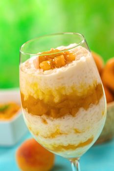 Fresh homemade rice pudding with peach compote served in a high glass (Selective Focus, Focus on the front of the peach compote on the top of the dessert)