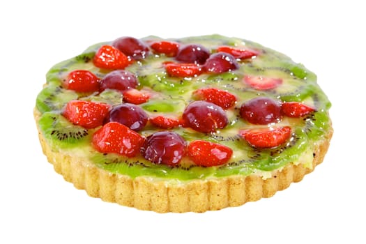 Cake with strawberries, grapes and kiwis on a white background