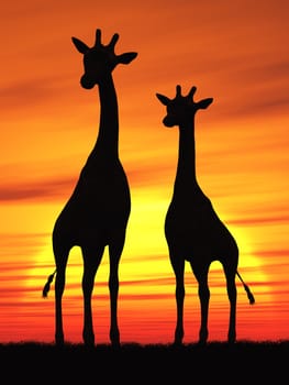 This image shows an idyllic sunset with giraffe