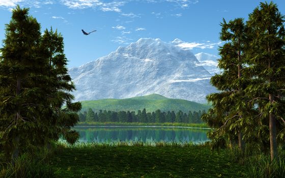 This image shows a idyllic landscape with a flying eagle