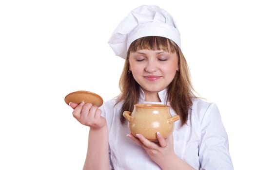 attractive woman keeps a pot of food, white background