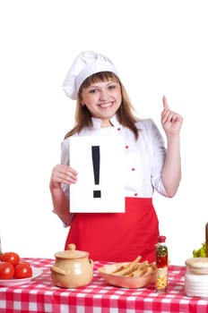 woman holding a plate with an exclamation mark