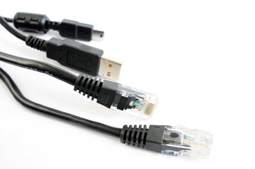 Connectors and USB data cable isolated on a white background