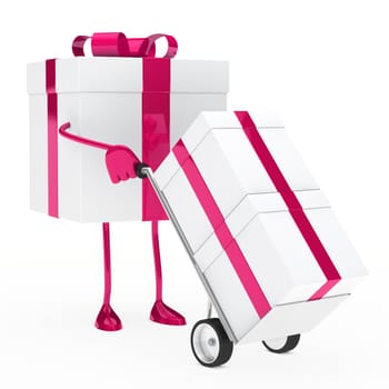 pink christmas gift box hold hand truck