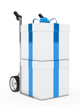 christmas gift box blue ribbon hand truck