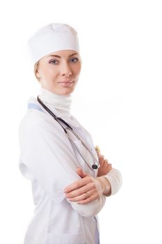 Serious medical doctor woman with stethoscope isolated on white