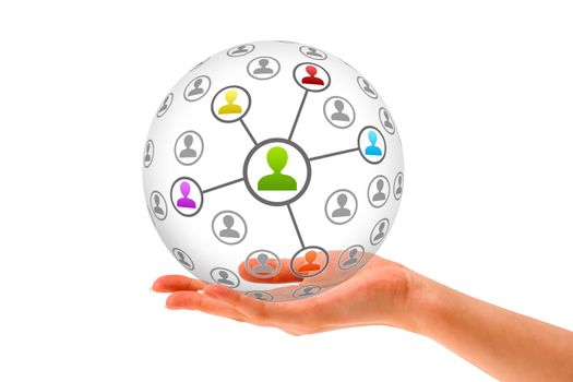 Hand holding a 3d Social Network Sphere on white background. 