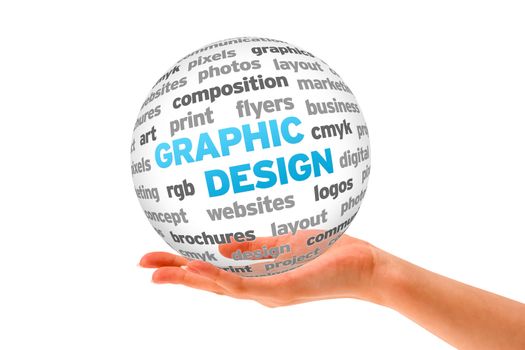 Hand holding a 3d Graphic Design Sphere on white background. 