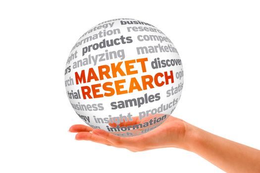 Hand holding a 3d Market Research Sphere on white background. 