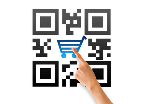 Hand pointing at an QR e-commerce icon. 