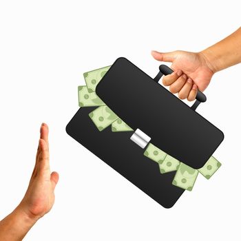 Hand with black briefcase and money