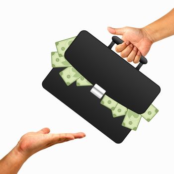 Hand with black briefcase and money