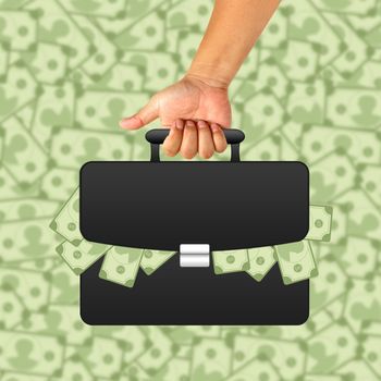 Hand with black briefcase and money