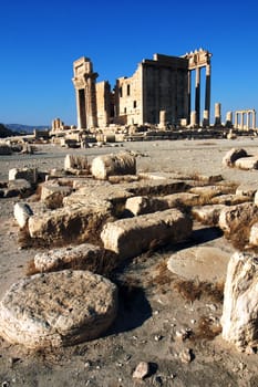 Relics Palmyra in Syria against blue sky. Ancient Roman time town in Palmyra (Tadmor), Syria.