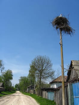 Nest of storks in village on a background of the blue sky