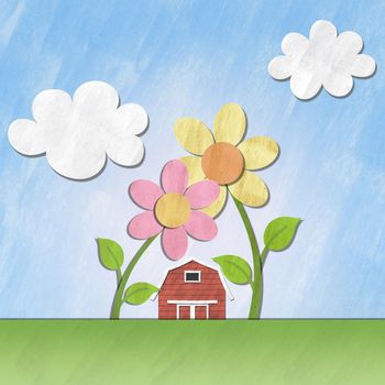 a small red house under flower on sunny day