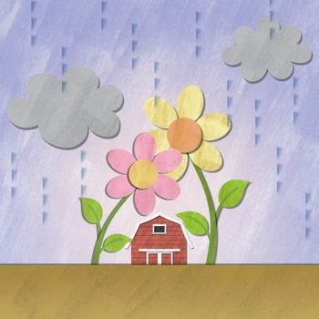 a small red house under flower on rainy day