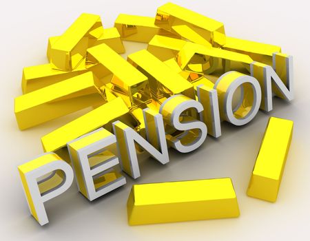 Concept of great pension and happy retirement. Idea is portrayed by English 3d text (PENSION) placed in front of a lot of golden bars. Text is rendered in combination of white and golden color. Whole scene is rendered and isolated on white background.