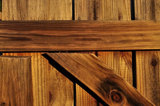 Closeup detail of a wooden, backyard gate