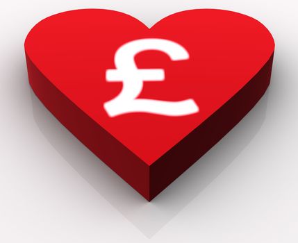 Concept of love for Pounds or money in general. Idea is portrayed by white intensively glowing pound symbol rendered on the top of red heart. Scene rendered and isolated on white background with slight reflection.