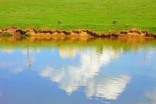 Blue sky with white clouds reflected on a ponds water surface in springtime