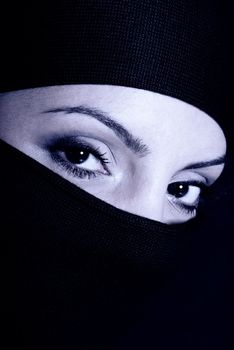 Eye closeup on a contrasty girl in black scarf