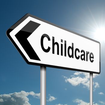 Illustration depicting a road traffic sign with a childcare concept. Blue sky background.
