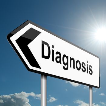Illustration depicting a road traffic sign with a diagnosis concept. Blue sky background.