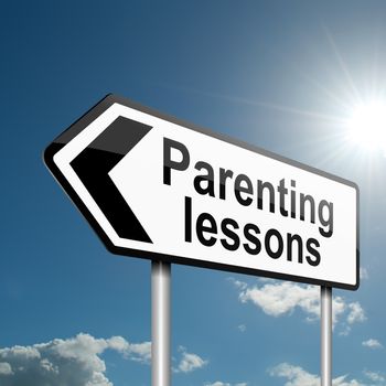 Illustration depicting a road traffic sign with a parenting concept. Blue sky background.