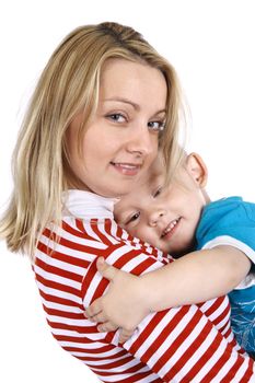 Mother with the small son, is isolated on a white background