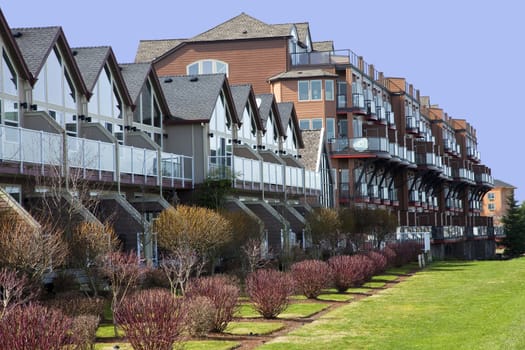 Row of modern condominiums and balconies, Portland OR.