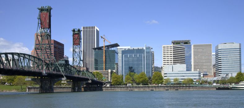 Portland Oregon skyline from below.