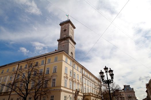 wide angle view on City hall in Lviv (Lemberg) in Ukraine