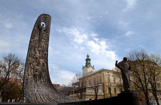 Taras Shevchenko monument in city center in Lviv, Ukraine