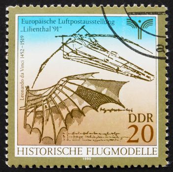 GDR - CIRCA 1990: a stamp printed in GDR shows Flying Machine Designed by Leonardo da Vinci, circa 1990