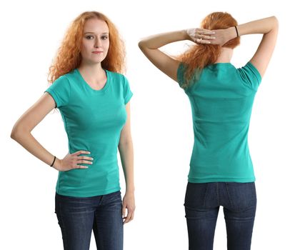 Young beautiful redhead female with blank green shirt, front and back. Ready for your design or artwork.