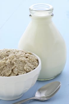 Delicious and nutritious lightly toasted breakfast cereal rice flakes. On a beautiful French latte Bowl.