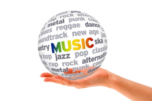 Hand holding a 3d Music Sphere on white background. 
