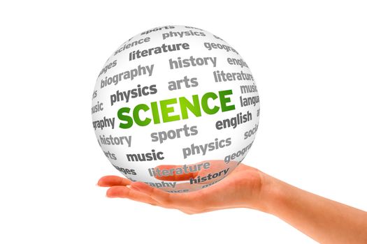 Hand holding a 3d Science Sphere on white background. 